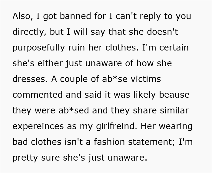 Text message explaining how a man feels embarrassed by his girlfriend&rsquo;s style and childhood trauma affecting her clothing choices.