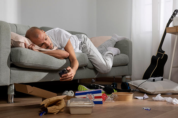 Man lying on a messy couch floor, looking at phone, illustrating frustration with weaponized incompetence in a cluttered room.