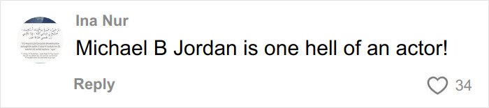 Comment praising Michael B Jordan as an actor, displayed on a social media post about Sinners Twins role transformation.