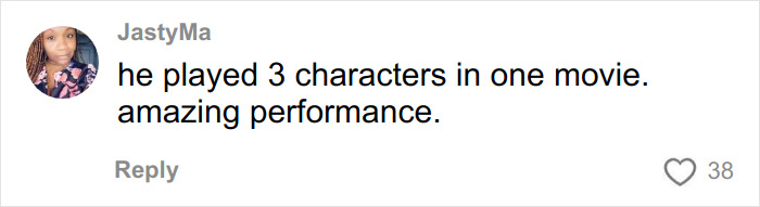 User comment praising Michael B. Jordan's performance playing three characters in one movie for Sinners Twins role.