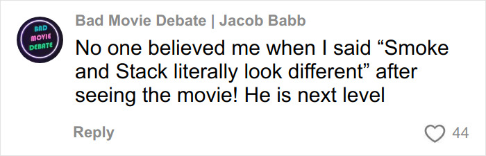 Fan comment about Michael B. Jordan's look transformation for Sinners Twins role in a movie discussion thread.