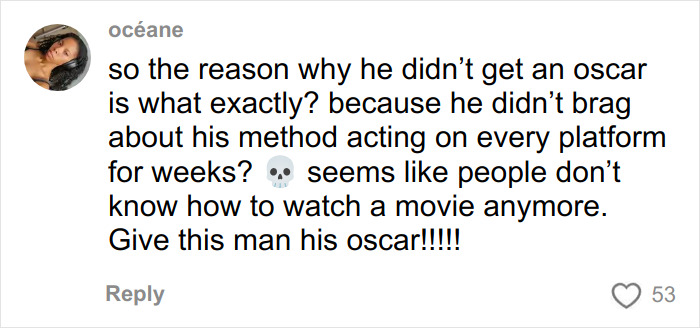 Comment praising Michael B. Jordan’s method acting and questioning why he didn’t receive an Oscar for his role in Sinners Twins.