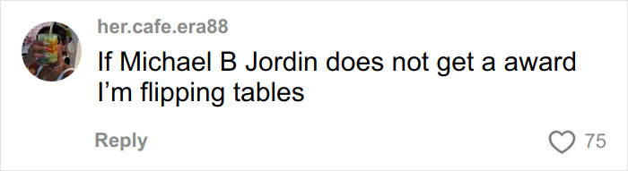 Screenshot of a social media comment expressing frustration over Michael B. Jordan's recognition for his role in Sinners Twins.