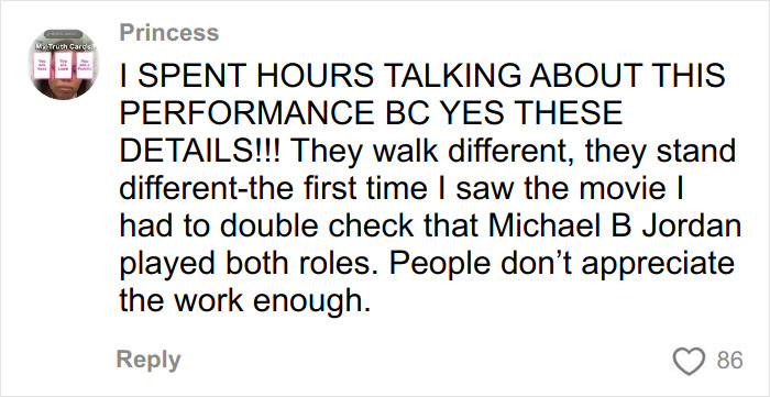 Comment praising Michael B Jordan’s face work for Sinners twins role, highlighting fans’ stunned reactions.