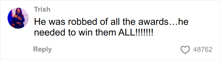 Comment by Trish expressing that Michael B. Jordan was robbed of awards and deserved to win them all.