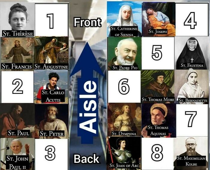 Airplane seating chart showing famous saints in flight scenarios, inviting a vote on who to sit next to during a flight.