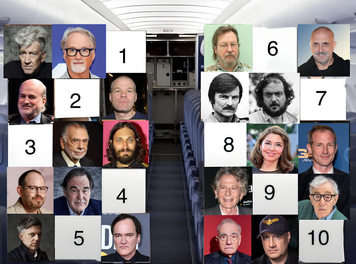 Photos of celebrities and characters in an airplane cabin, presenting flight seating scenarios for Gandalf or Tom Cruise choices.