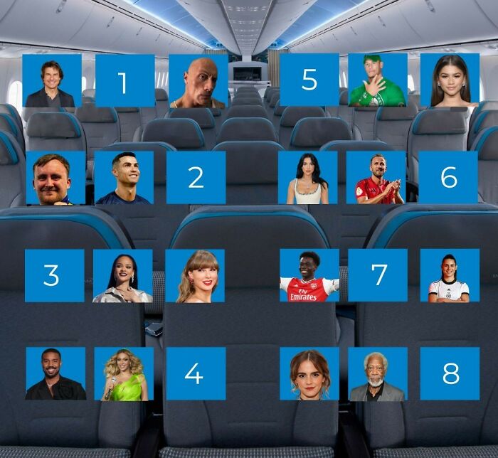 Airplane seating chart with celebrities and flight scenarios for fans to choose who to sit next to on a flight.