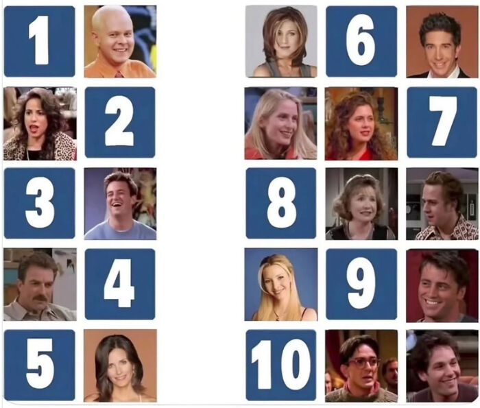 Images of popular Friends characters paired with numbered flight seating options for a fun flight scenario vote.