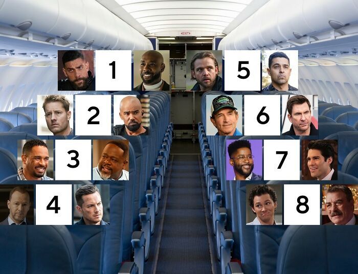 Interior of a commercial airplane with numbered headshots of actors for flight seating scenarios debate.