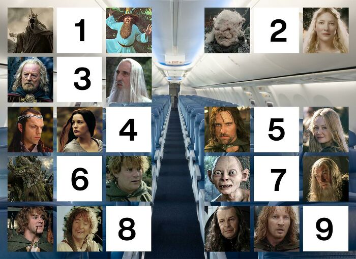 Fantasy and flight scenarios featuring Gandalf, characters from Lord of the Rings, and Tom Cruise in airplane seating choices.