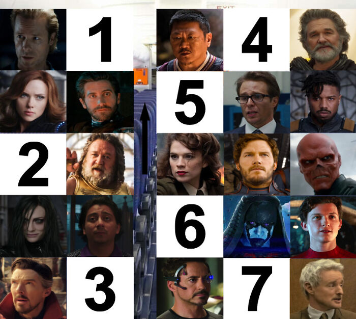 Various movie characters seated on a plane, inviting viewers to choose who they would sit next to in flight scenarios.