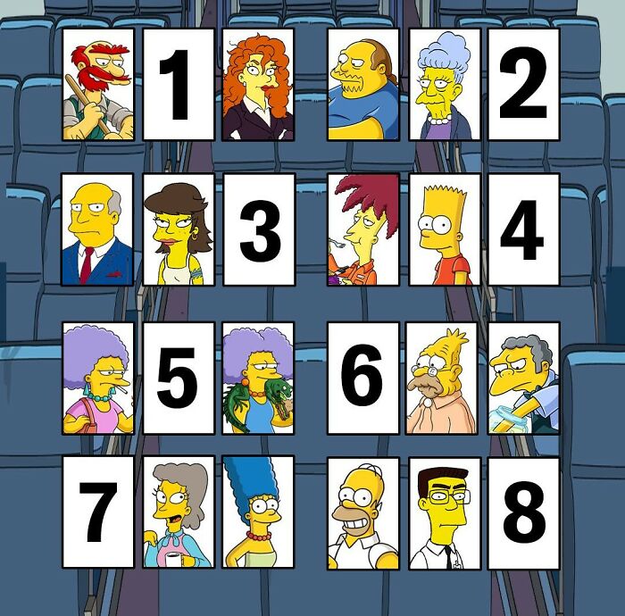 Animated characters from The Simpsons seated in an airplane, illustrating flight scenarios for cast your vote campaign.