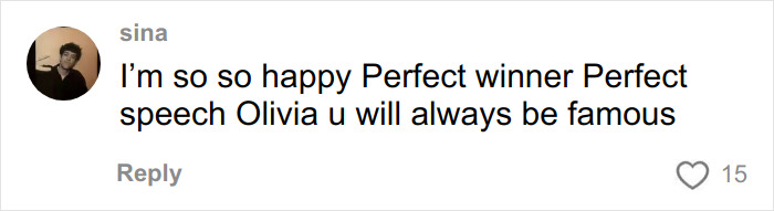 Comment praising Olivia Dean as the Best New Artist winner at the 2026 Grammys, expressing happiness and admiration.