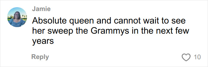 Comment by Jamie praising Olivia Dean, excited to see the Best New Artist Grammy winner's future success.