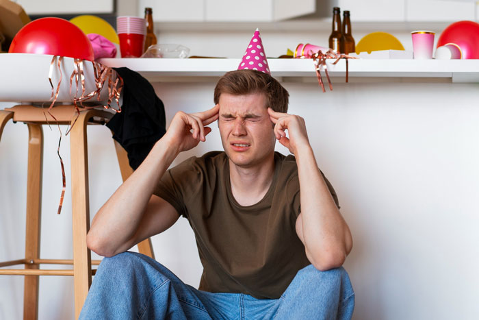 Man in a pink party hat sitting on floor with eyes closed, frustrated at a big birthday party celebration mess.