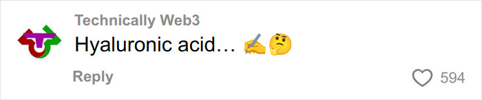 Comment on social media mentioning hyaluronic acid with writing and thinking emojis, related to Winter Olympics scandal keywords.