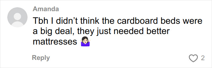 Comment by Amanda discussing cardboard beds and mattress quality in Winter Olympics rooms after Paris viral moment.