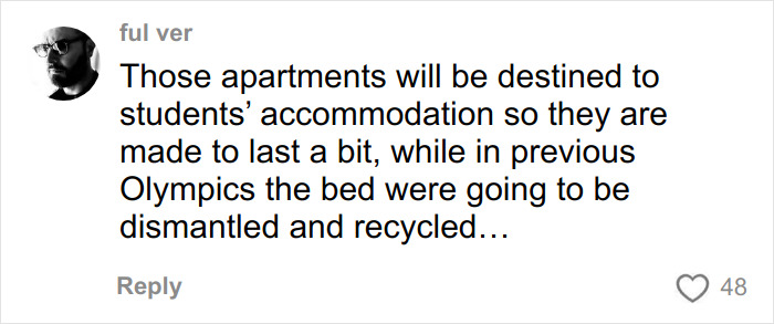 Comment discussing athlete reveals of Winter Olympics Milan rooms and comparison to Paris beds and accommodation sustainability.