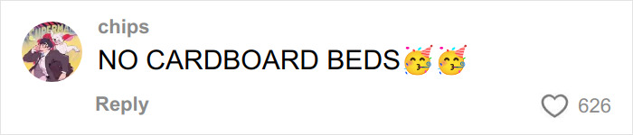Screenshot of a social media comment reacting to Winter Olympics Milan rooms, referencing cardboard beds from Paris.