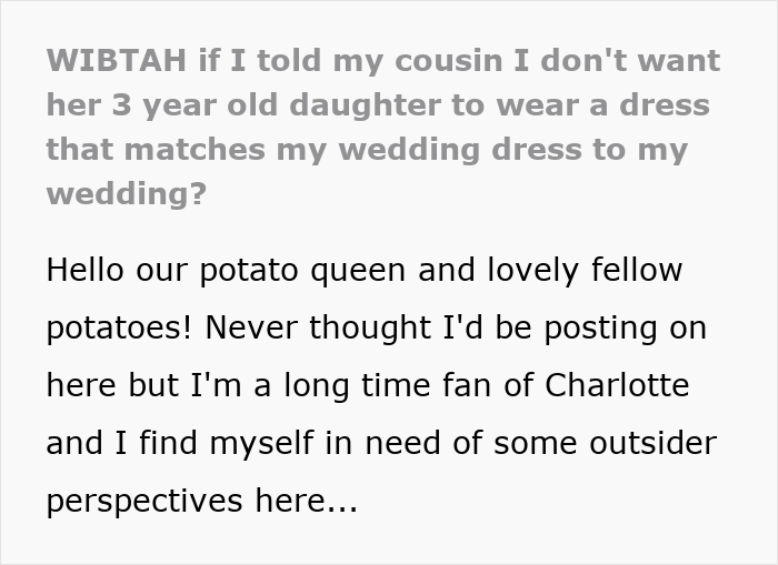 Text post about an attention-seeking mom wanting her 3-year-old daughter to wear the same dress as the bride at a wedding.