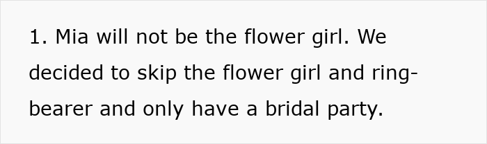 Text stating that Mia will not be the flower girl, skipping flower girl and ring-bearer roles for the bridal party.