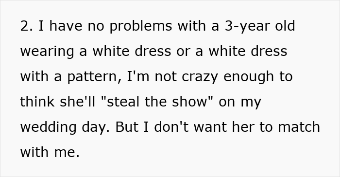Text excerpt discussing a mom wanting her 3-year-old daughter to wear the same dress as the bride.