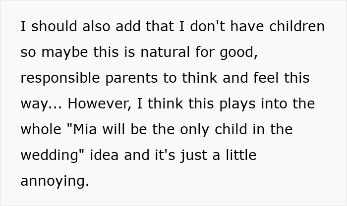 Text about an attention-seeking mom wanting to dress her 3-year-old daughter in the same wedding dress as the bride.