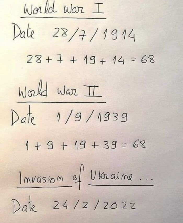 Handwritten note showing dates and number sums related to World War I, World War II, and the invasion of Ukraine conspiracy theory.