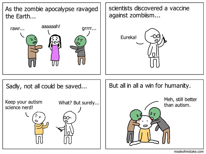 Minimalistic comic strip depicting a humorous zombie apocalypse scenario with everyday observations by Made of Mistake.