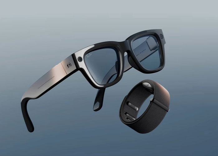 Smart glasses and wristband wearable technology displayed on a gray gradient background for Meta users.