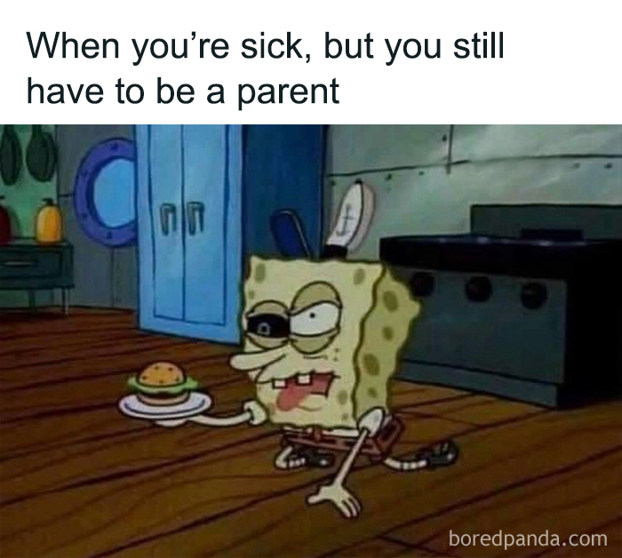 SpongeBob tired and sick in the kitchen holding a burger representing funny parenting memes daily mom show humor.