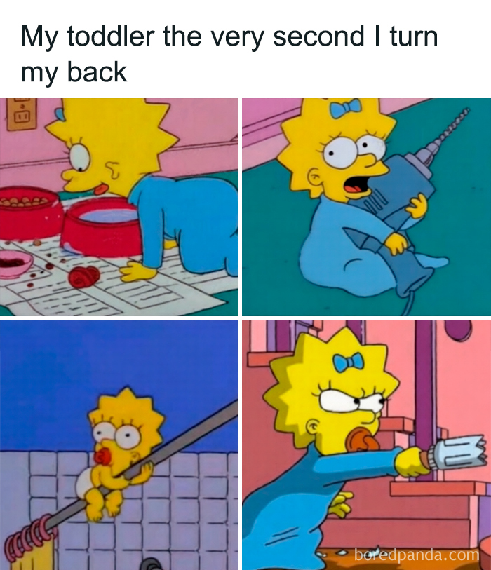Funny parenting memes showing a toddler causing chaos the moment their parent turns away in various humorous scenes.