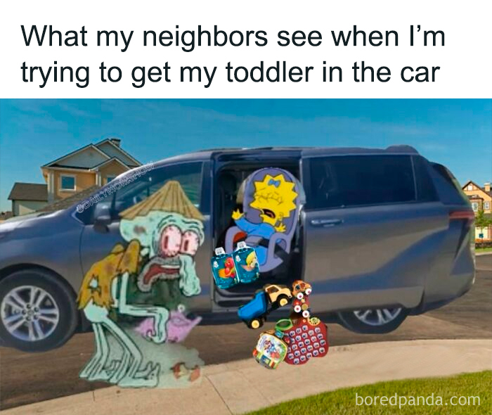Parent struggling to get toddler in car seat with toys scattered outside, humorous funny parenting memes concept.