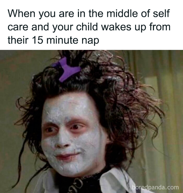 Parenting meme showing a disheveled person with a face mask, illustrating funny parenting moments and self-care interruptions.
