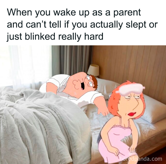 Tired animated parents in bed illustrating the exhaustion of parenting in funny parenting memes.