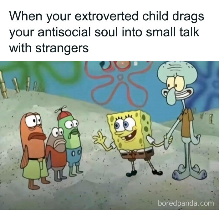 SpongeBob and Squidward awkwardly engaging in small talk with fish characters, funny parenting memes daily mom show.