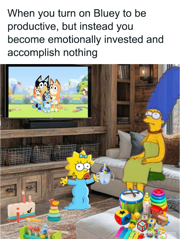 Maggie and Marge Simpson in living room surrounded by toys watching Bluey, highlighting funny parenting moments.