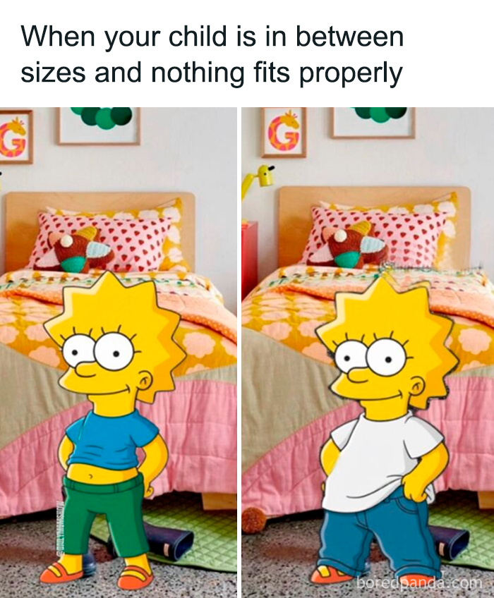 Cartoon character in oversized and undersized clothes illustrating funny parenting memes about kids between sizes.