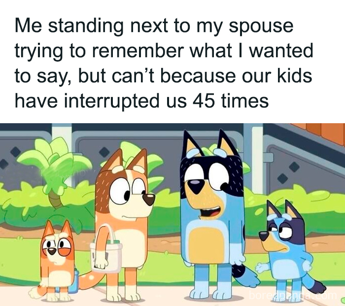 Funny parenting memes showing cartoon dogs representing a couple interrupted by kids while trying to talk outdoors.