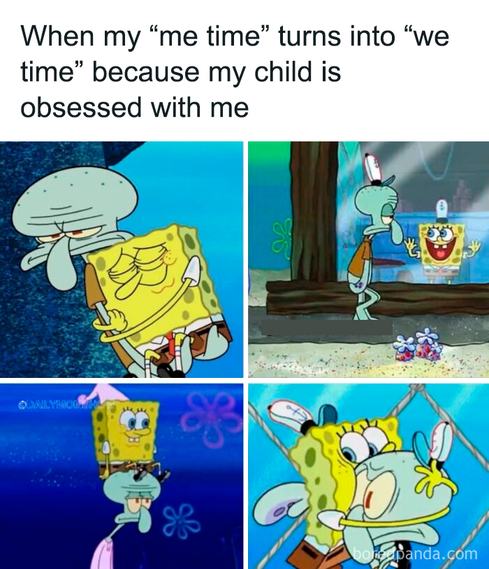Funny parenting memes featuring SpongeBob and Squidward showing a child obsessed with their parent in playful, affectionate moments.