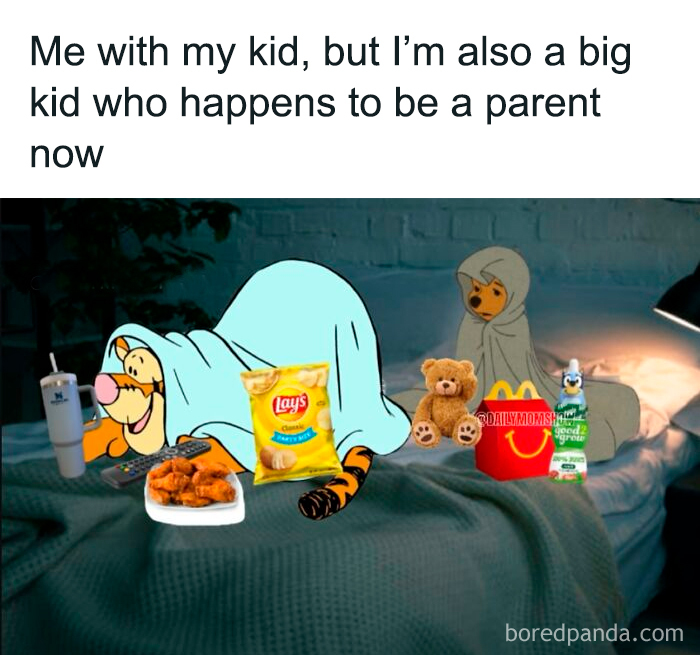 Tigger as a big kid with snacks and toys next to Roo wrapped in a blanket, depicting funny parenting memes.
