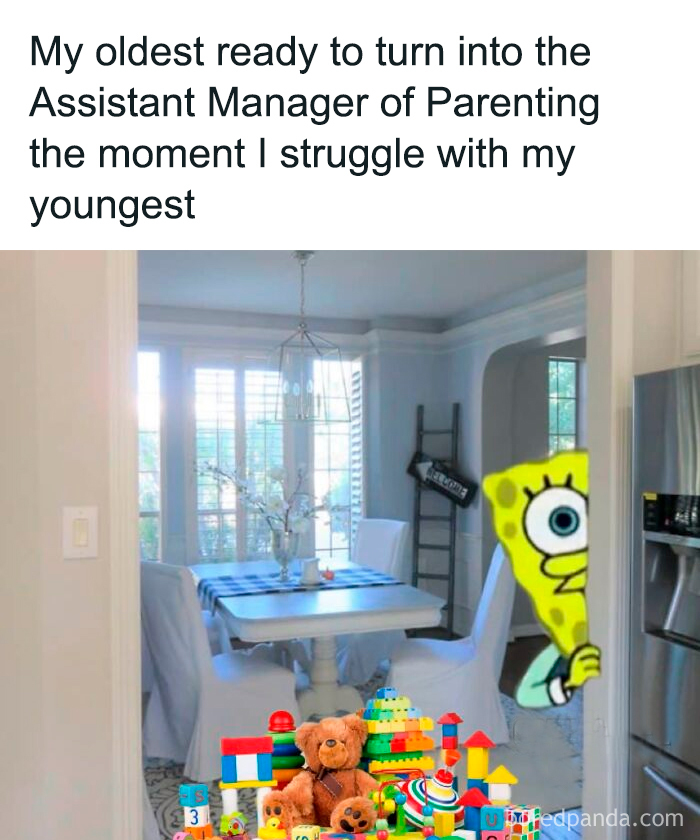 SpongeBob peeking from kitchen doorway with colorful toys in dining room, funny parenting meme about kids' behavior.