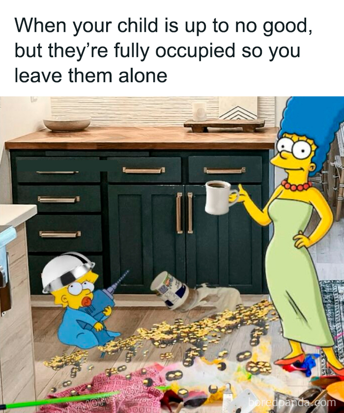 Toddler causing mess in kitchen while mom drinks coffee watching funny parenting memes daily momshow humor.