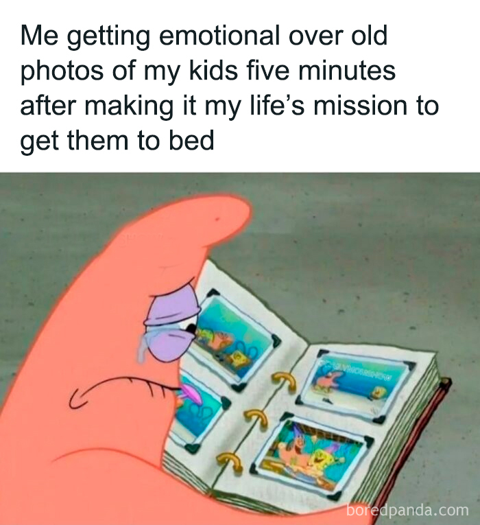 Patrick Star from SpongeBob looking emotional while viewing an old photo album, relatable funny parenting memes moment