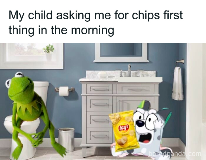 Funny parenting meme showing Kermit the Frog in a bathroom and a cartoon dog holding a bag of chips.
