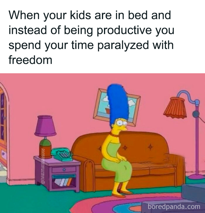 Marge Simpson sitting anxiously on a couch, capturing the feeling in funny parenting memes about quiet moments with kids in bed.