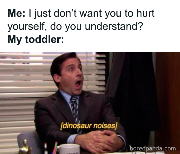Man in a suit making a surprised face with caption dinosaur noises, funny parenting memes about toddlers' behavior.