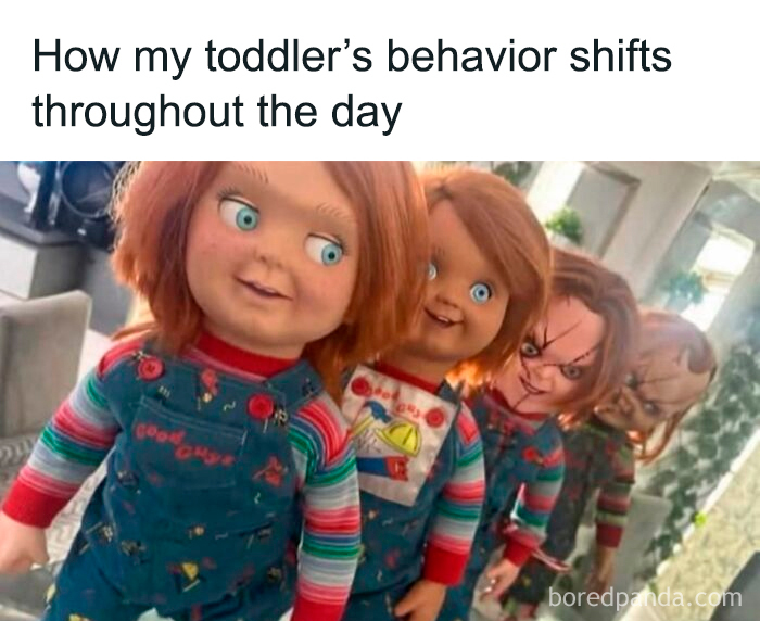 Funny parenting memes showing the shift in toddler behavior with creepy Chucky dolls lined up in a home setting.