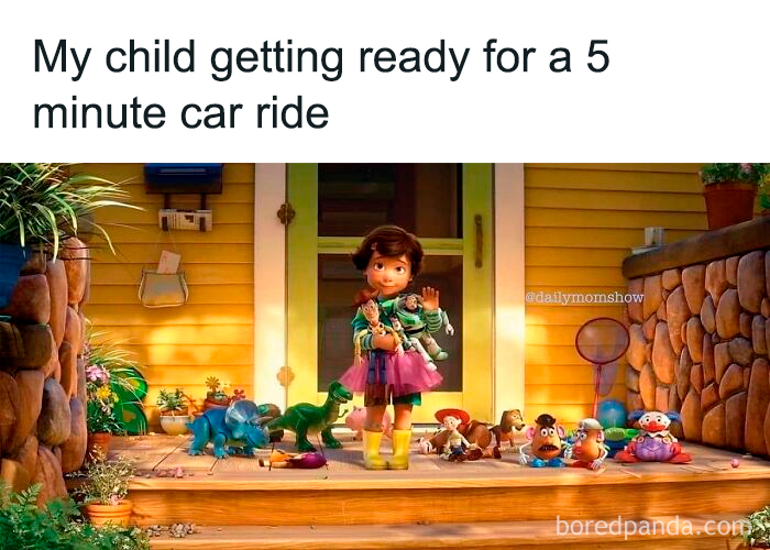 Child in colorful clothes and rain boots surrounded by toys on porch, illustrating funny parenting memes daily momshow humor.